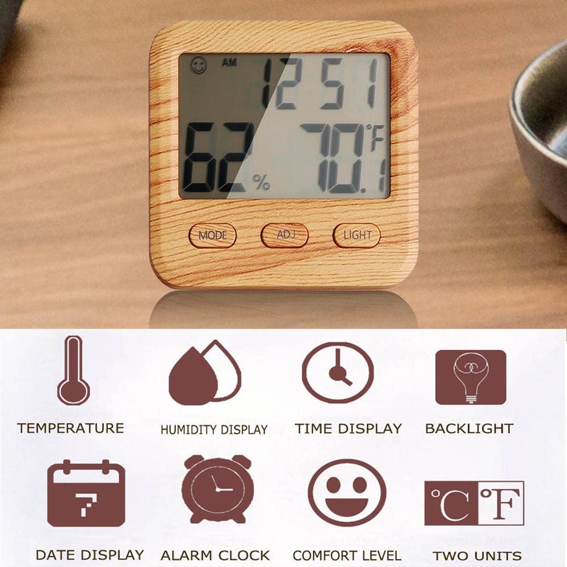 natome Digital Hygrometer Indoor Thermometer, Temperature Humidity Gauge with Desk Clocks for Bedroom Office,Backlit Accurate Monitor Clear Reading,Time Display Room Thermometer for Home Greenhouse Wooden - Image 2